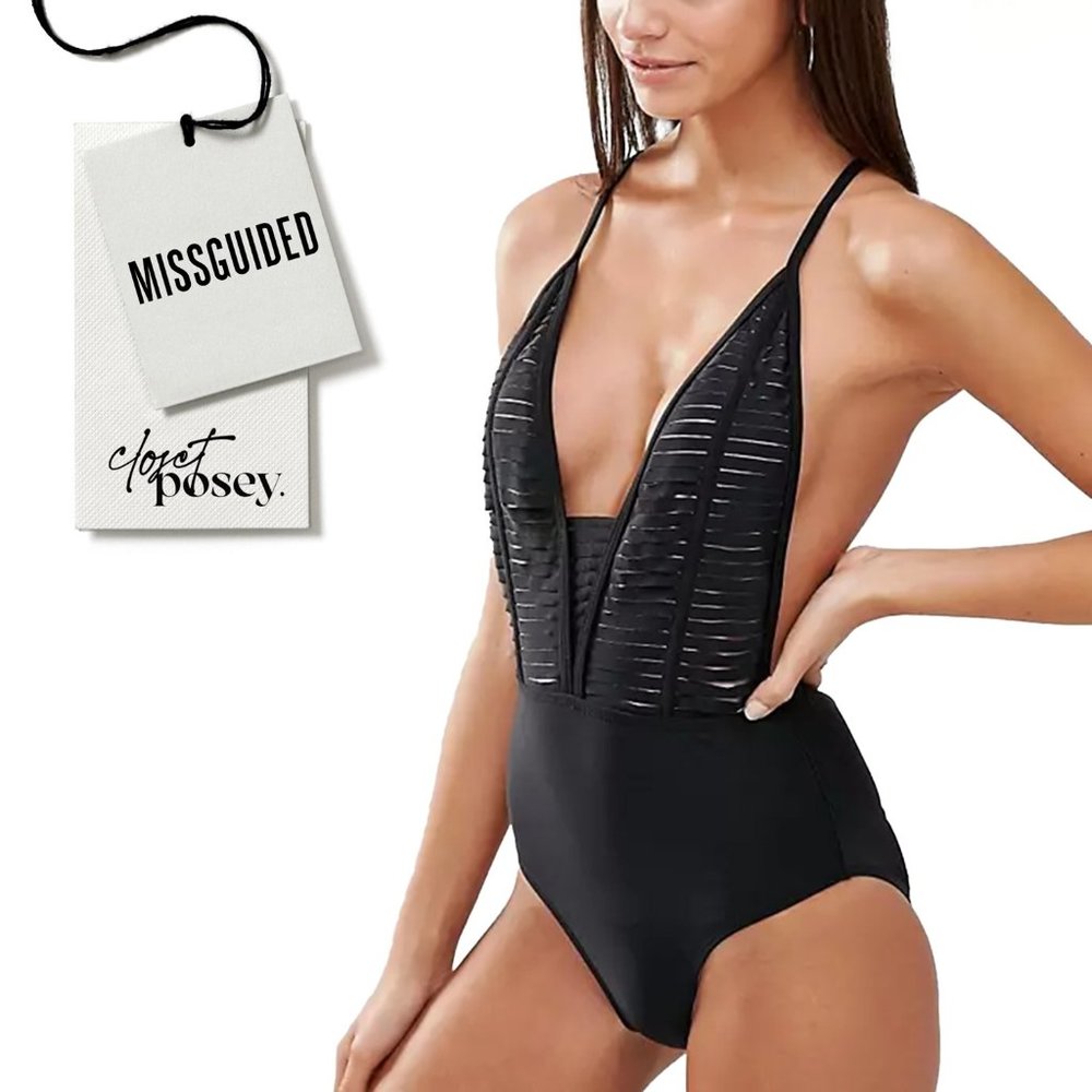 NWT . missguided . laser cut swimsuit . black . 8